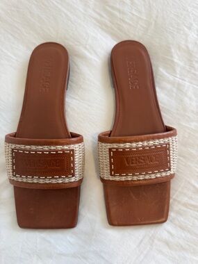 Versace Brown Leather and Cream Woven Slide Mules